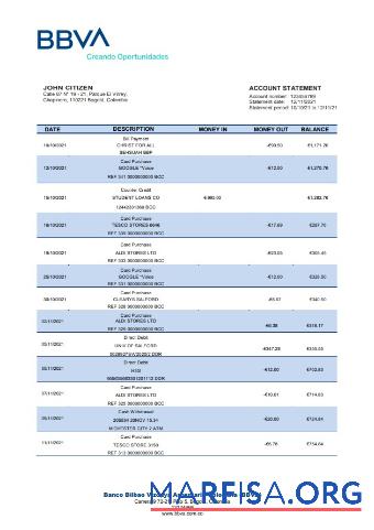 Blank Colombia BBVA bank statement word template